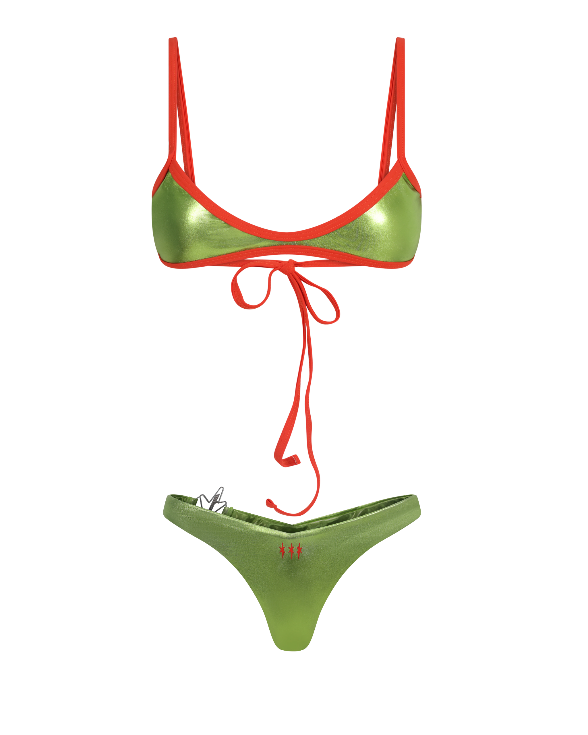 Green bikini with red straps on a white background