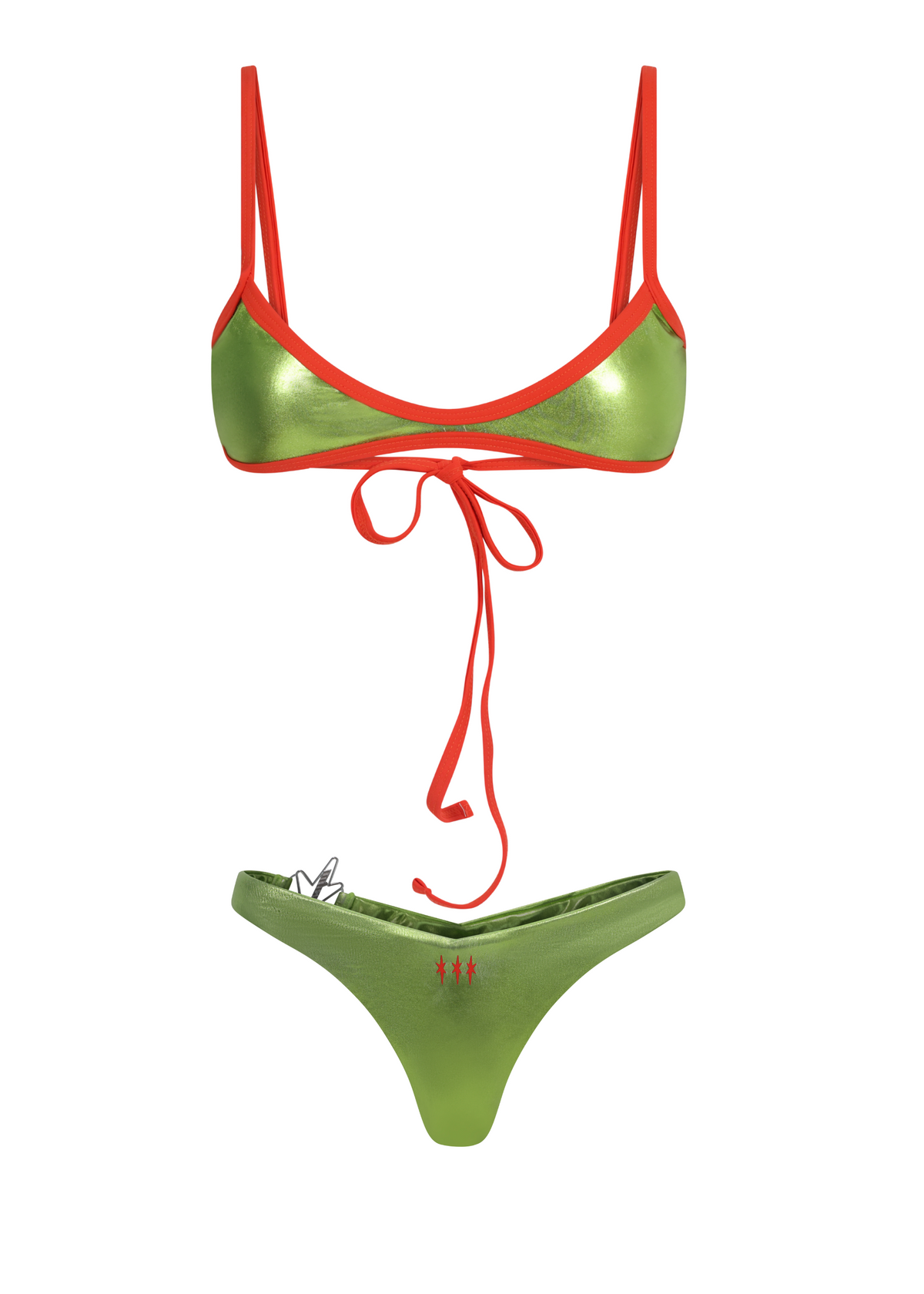Green bikini with red straps on a white background