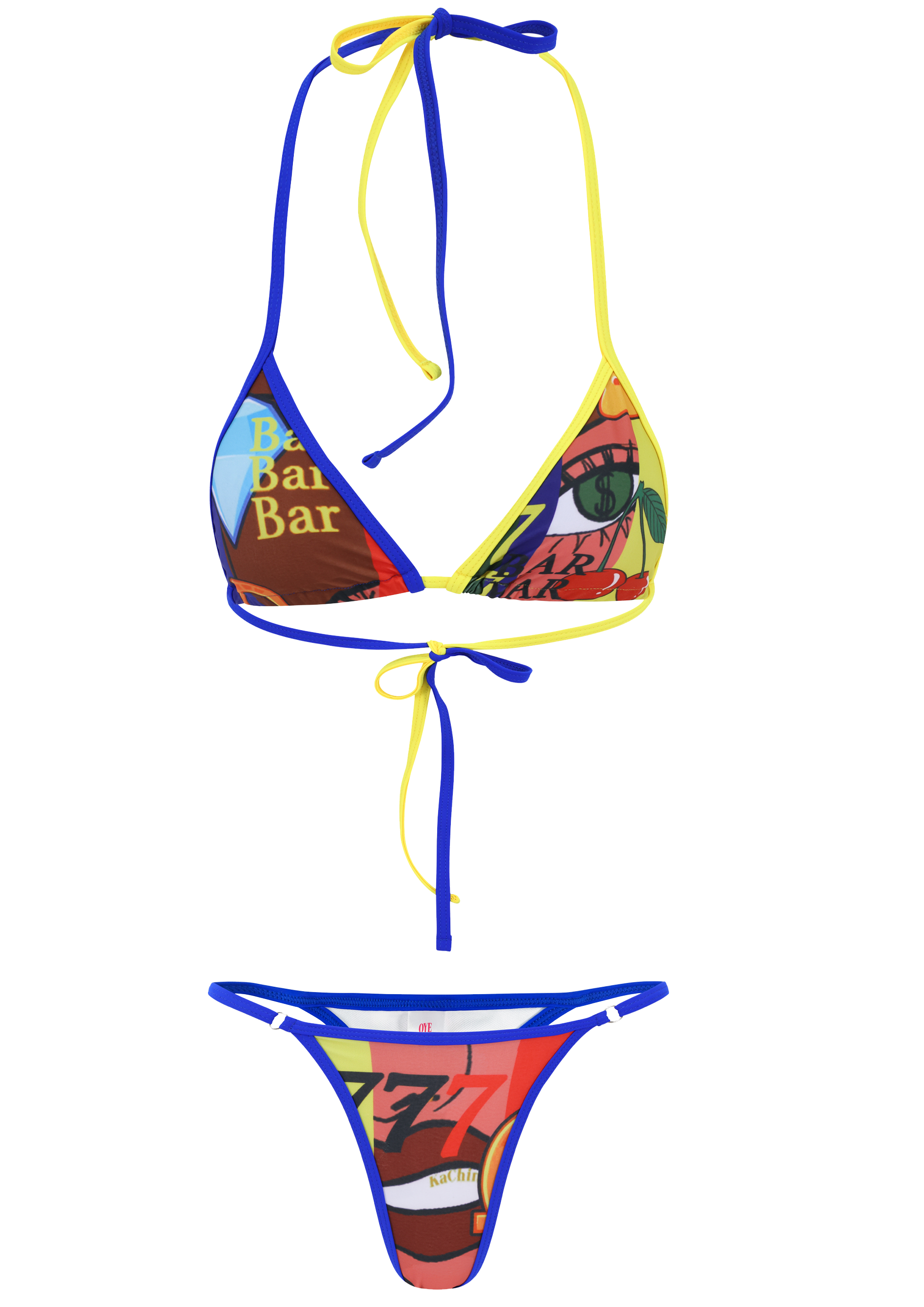 Colorful bikini set with graphic design on a white background