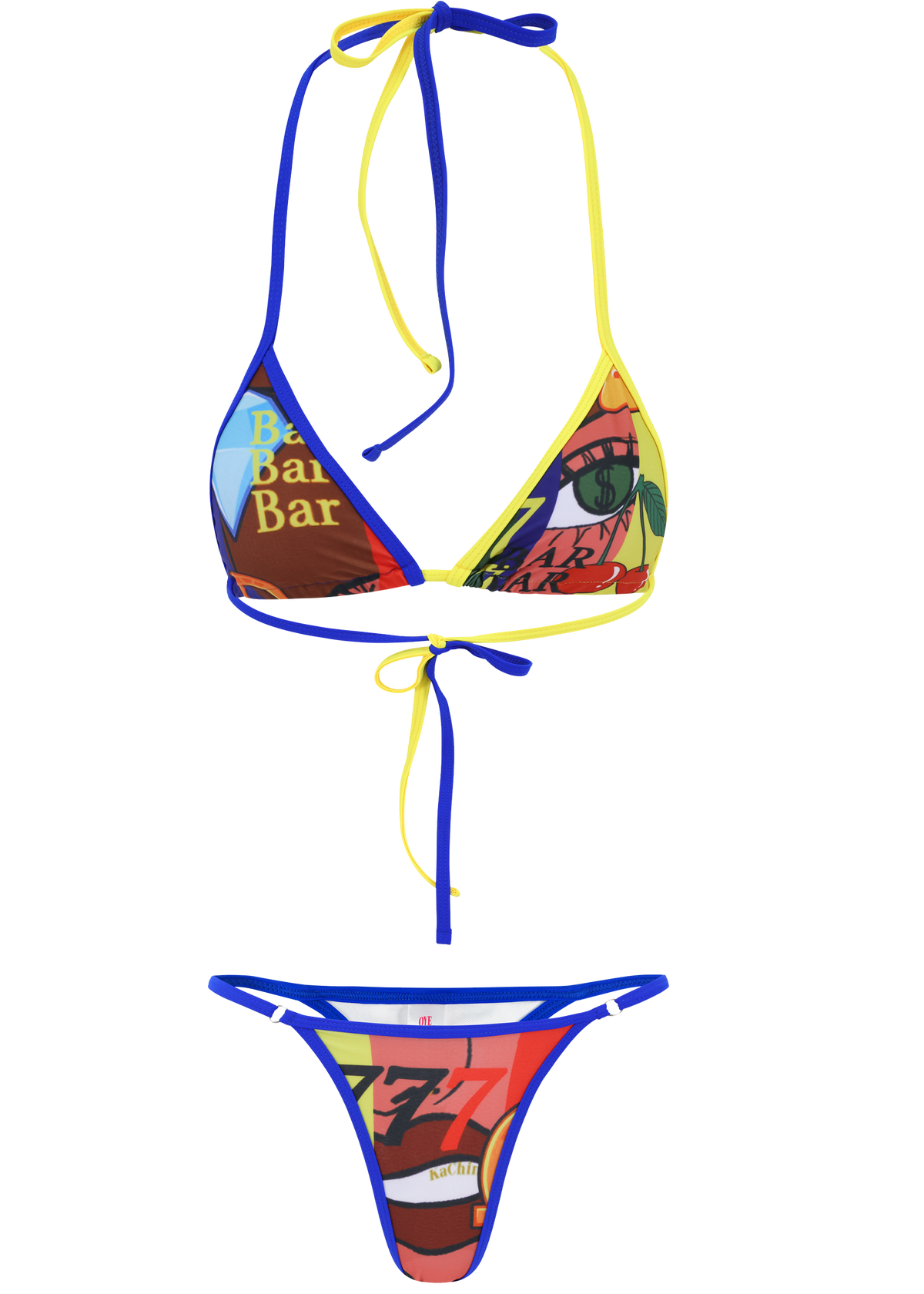 Colorful bikini set with graphic design on a white background
