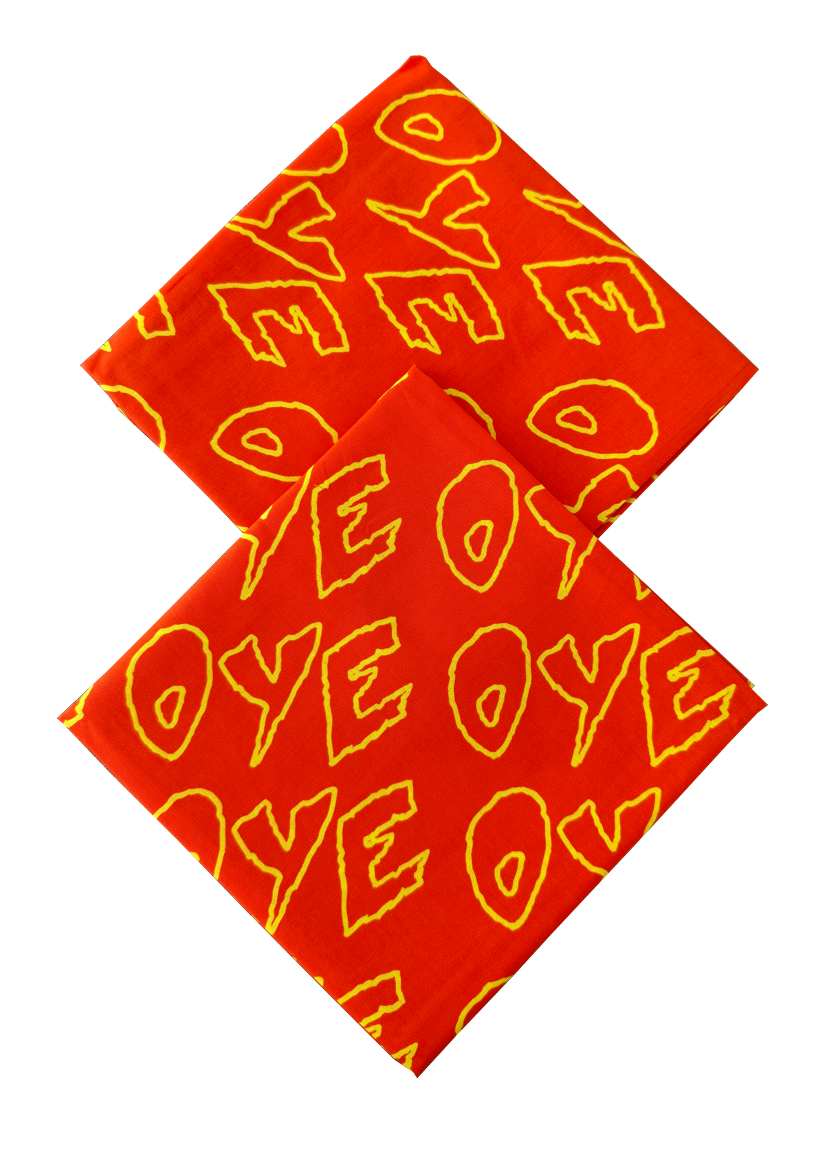 Two red bandanas with yellow 'OYE' text on a white background