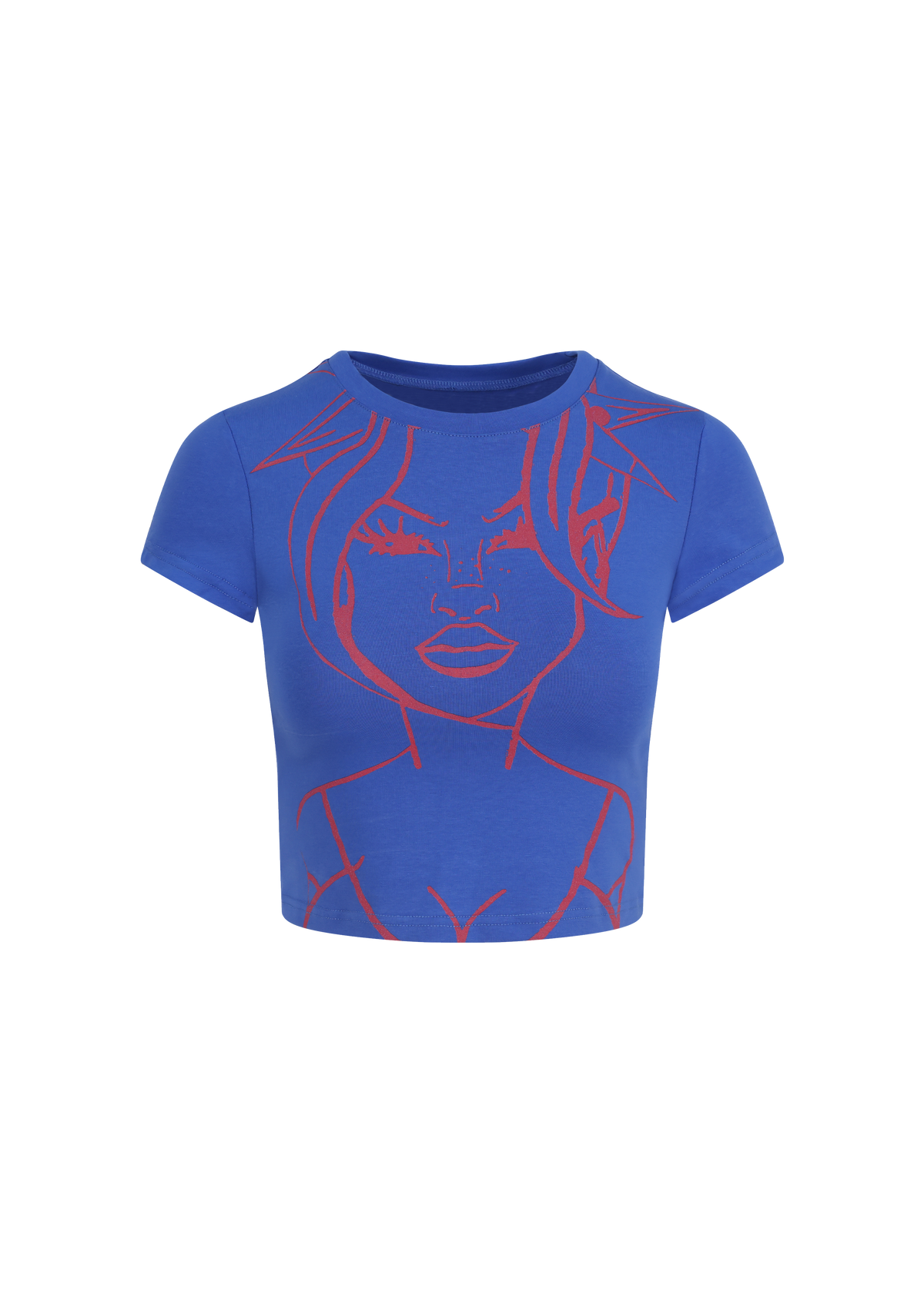 Blue t-shirt with red graphic design on a white background