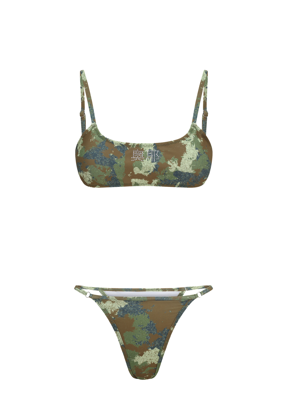 Camouflage-patterned bikini set on a white background