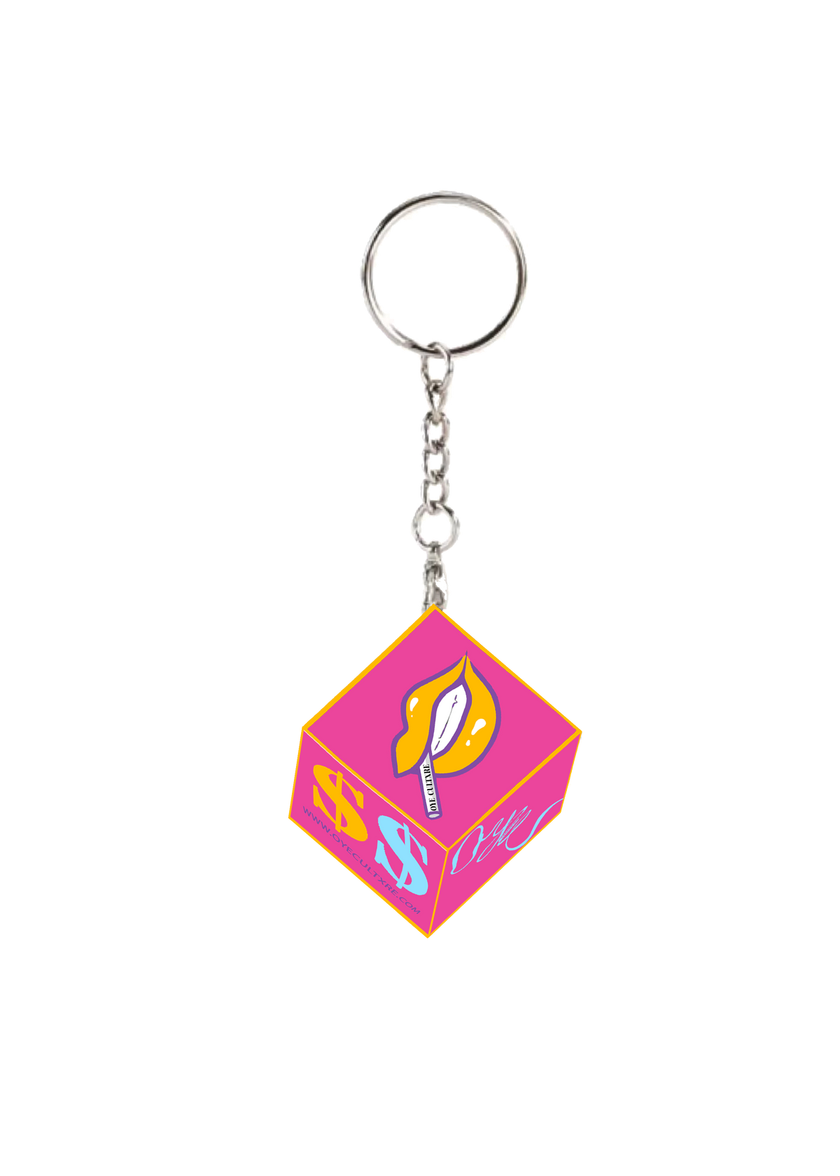 Pink dice-shaped keychain with 'SS' logo on a white background