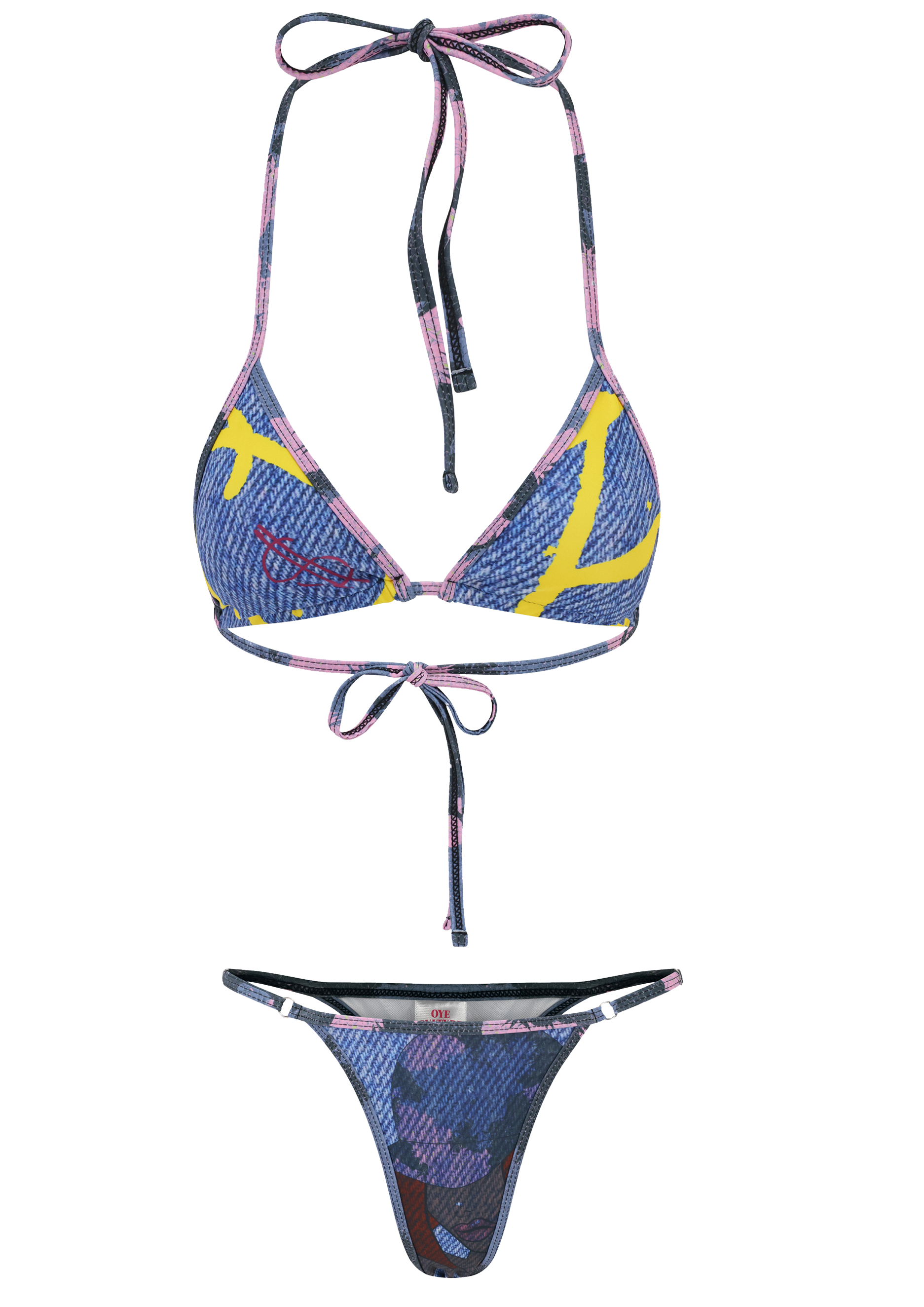 Multicolored bikini set with a pattern on a white background