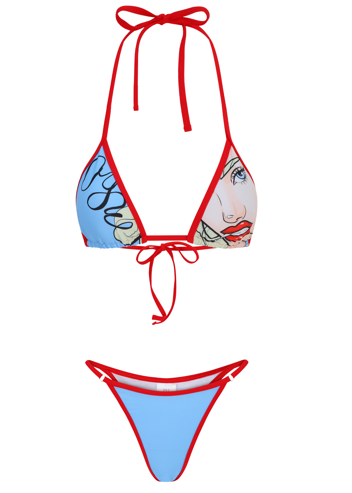 Bikini set with face design on top piece and blue bottom piece on a white background