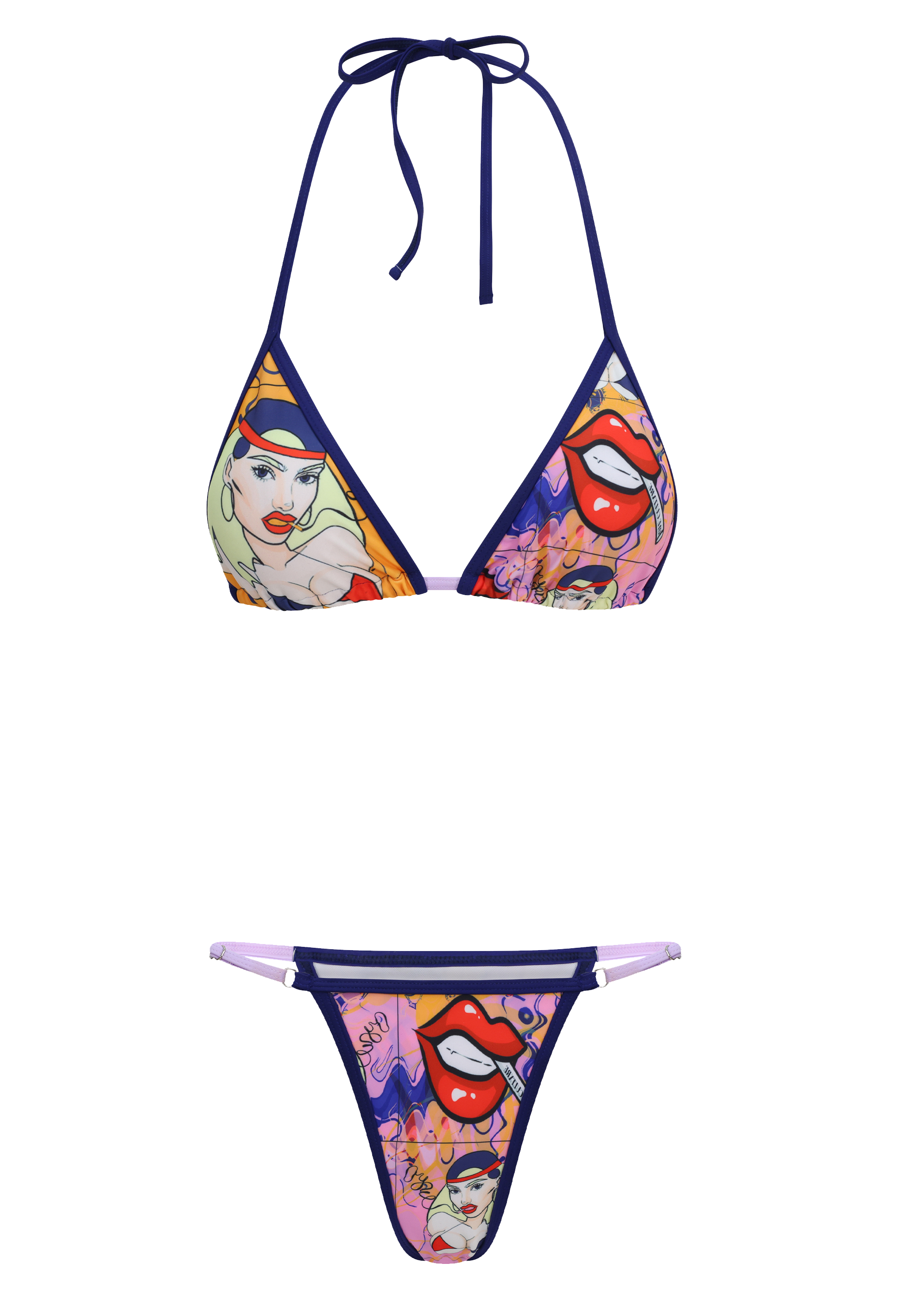 Multicolored bikini set with graphic design on a white background