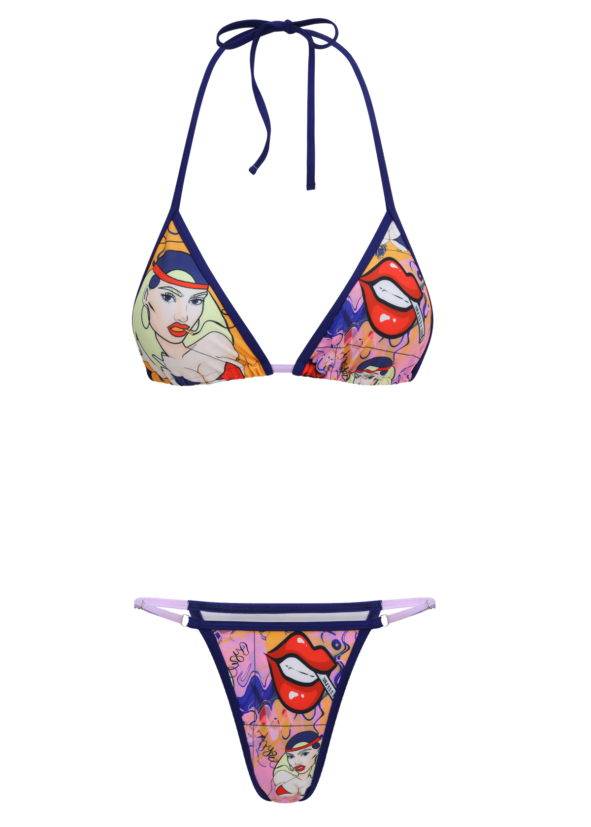 Multicolored bikini set with graphic design on a white background