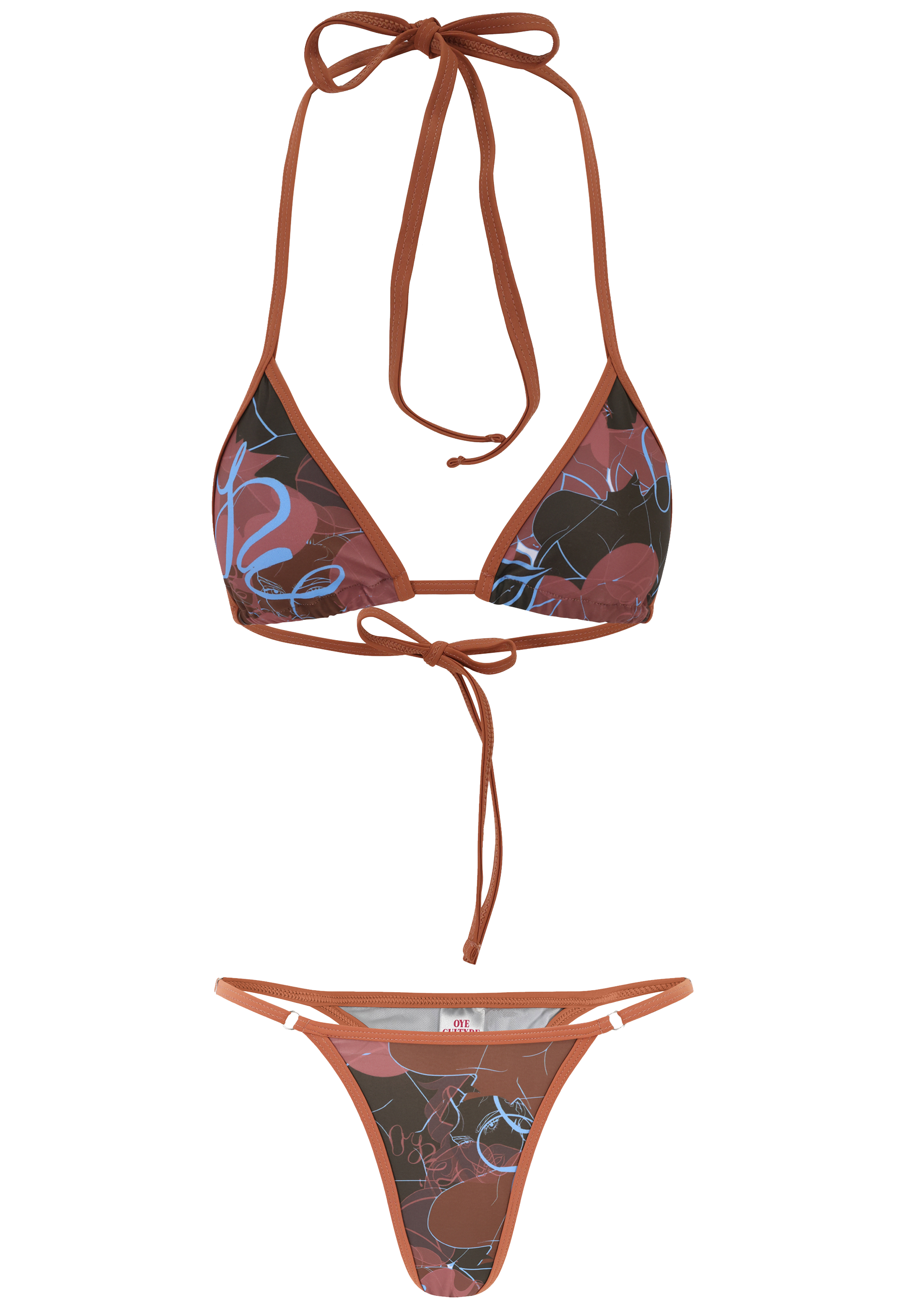 Triangular bikini set with floral pattern on a white background