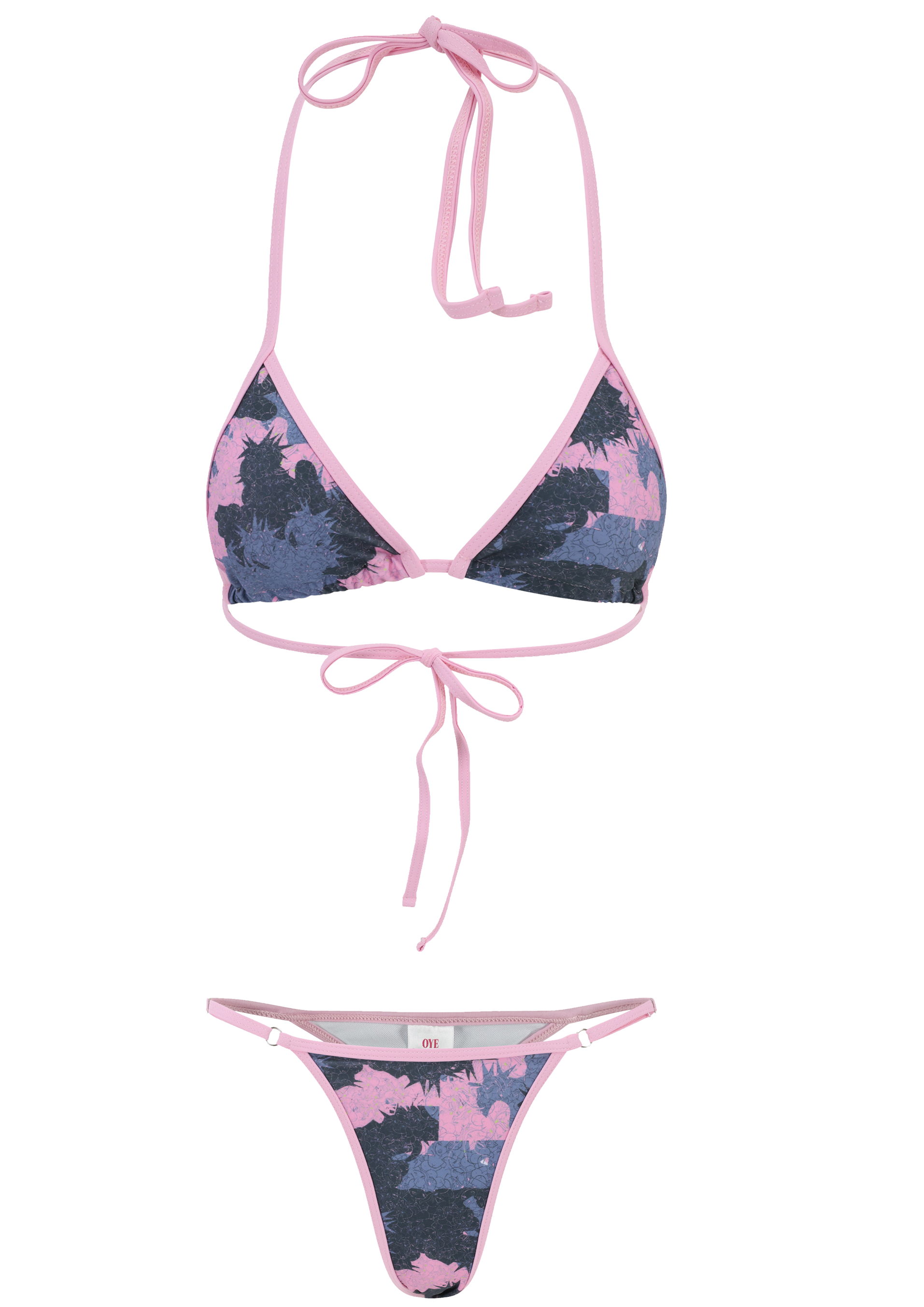 Bikini set with floral pattern and pink straps on a white background