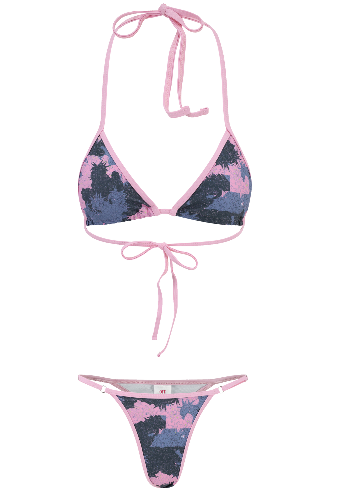 Bikini set with floral pattern and pink straps on a white background