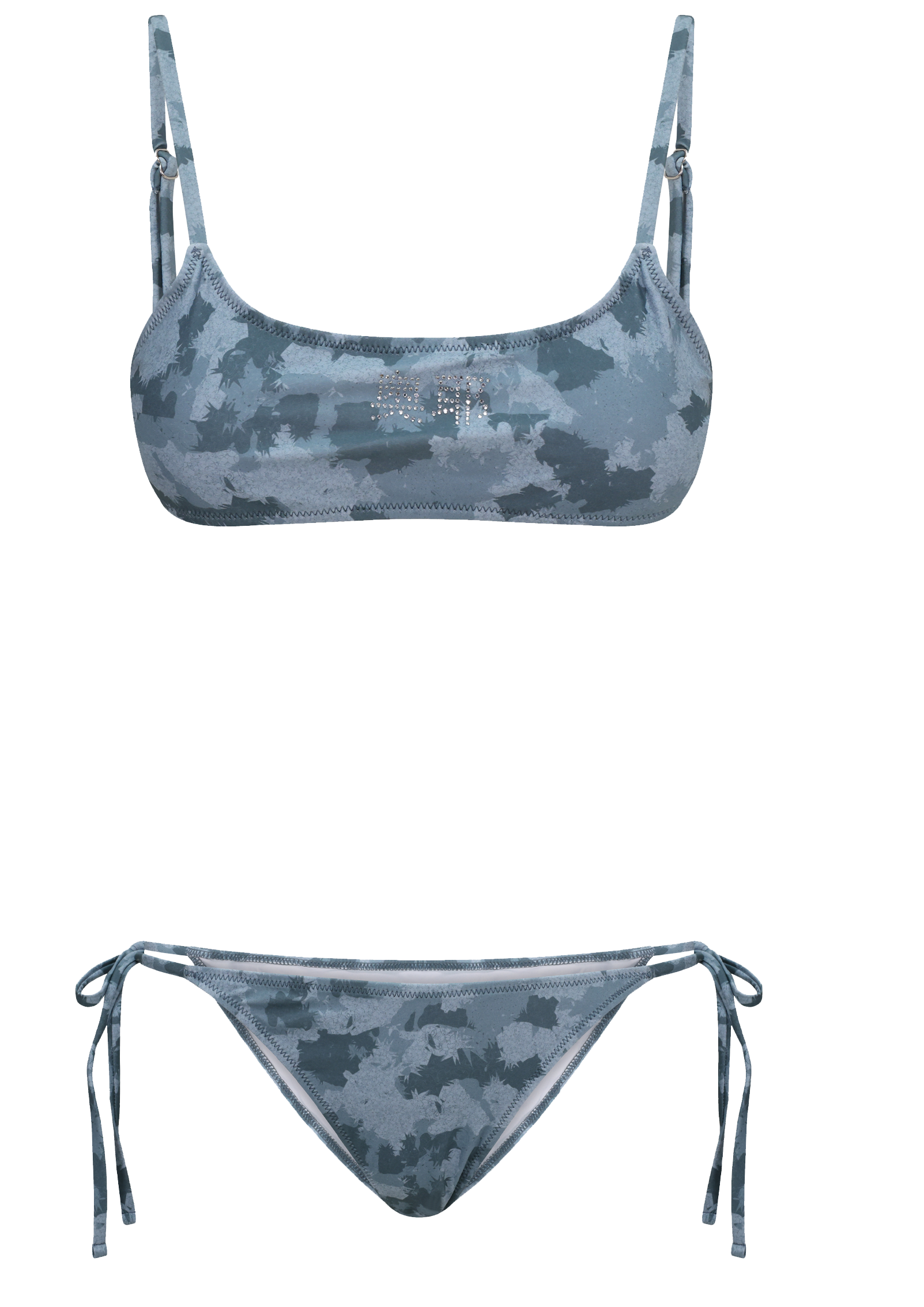 Camouflage-patterned bikini set on a white background