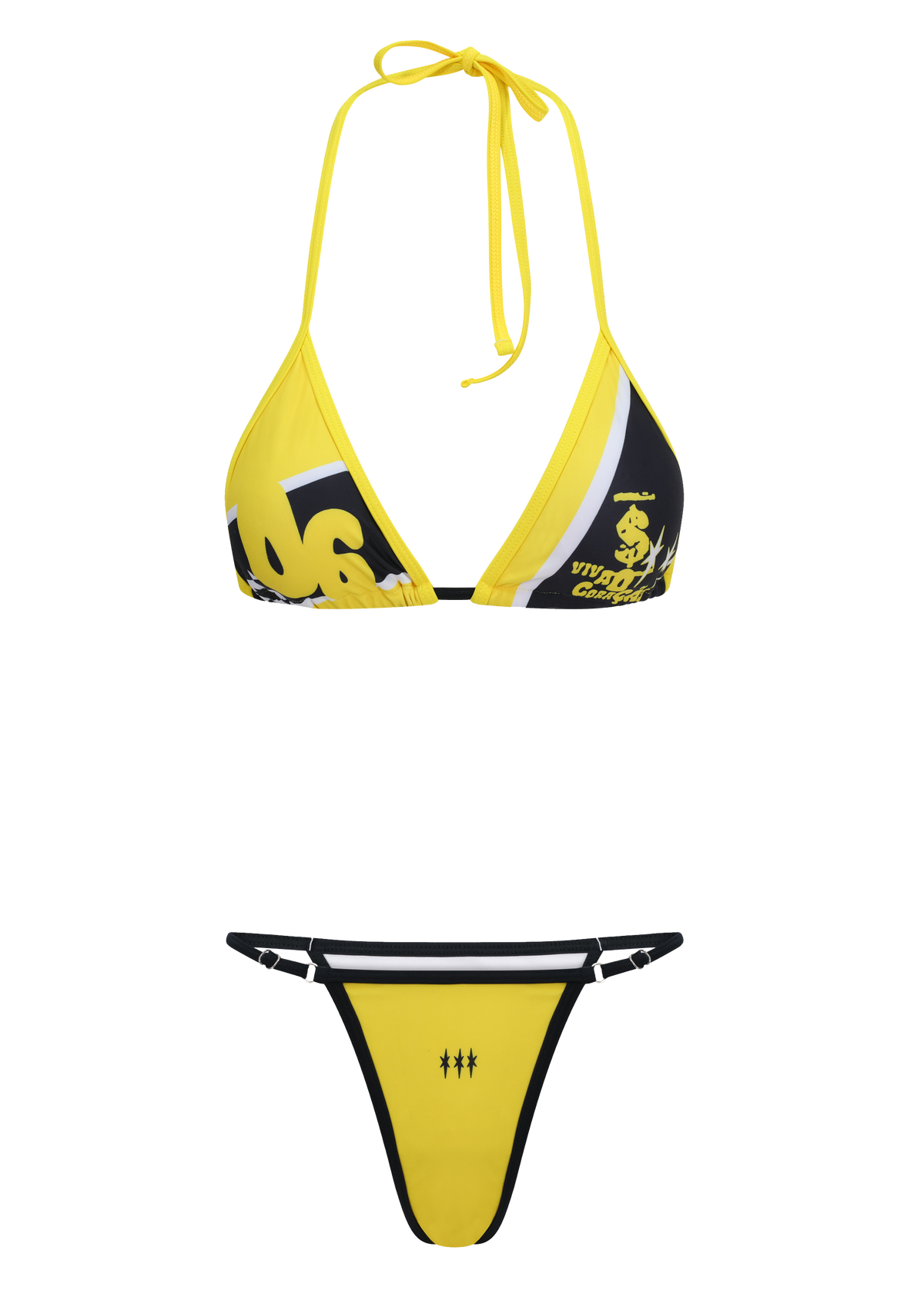 Yellow and black bikini set on a white background