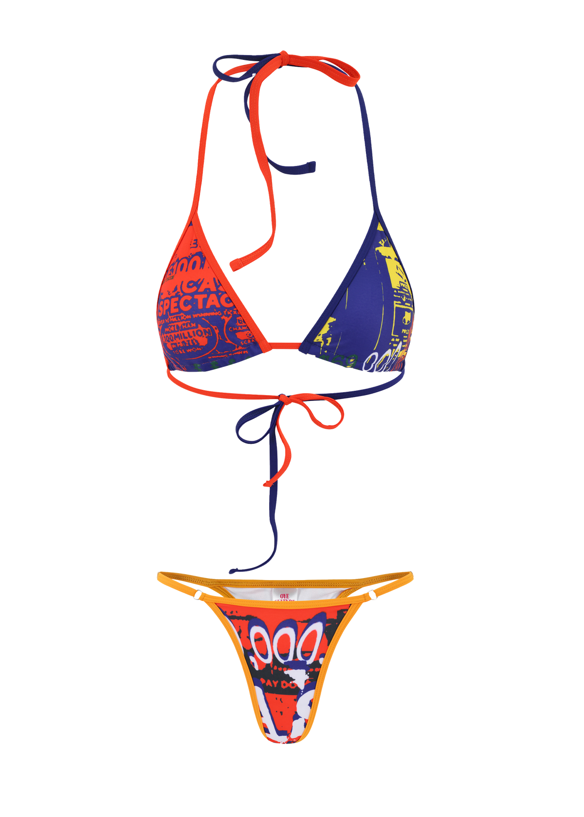 Colorful bikini set with graphic design on a white background