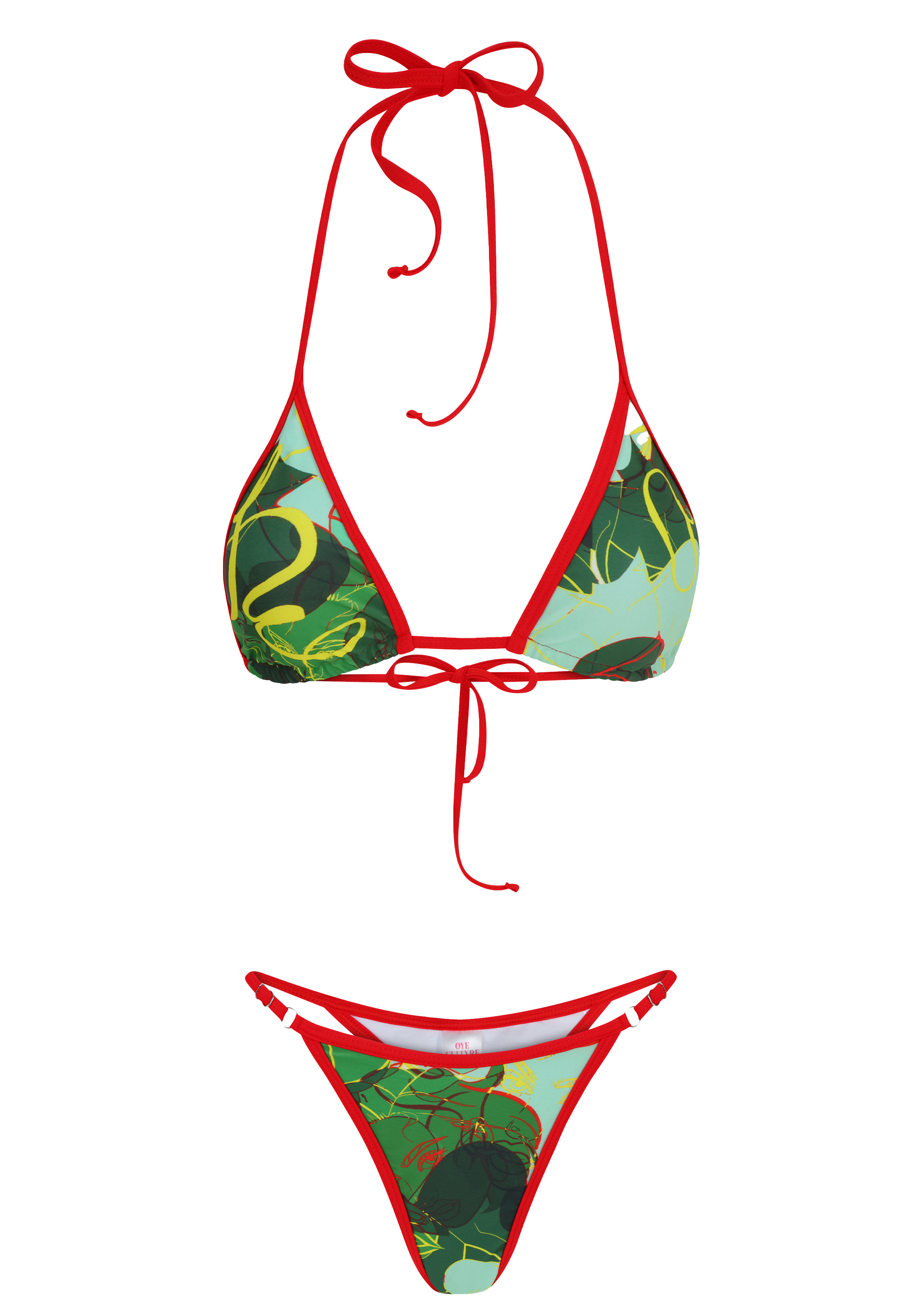 Bikini set with green leaf pattern and red straps on a white background