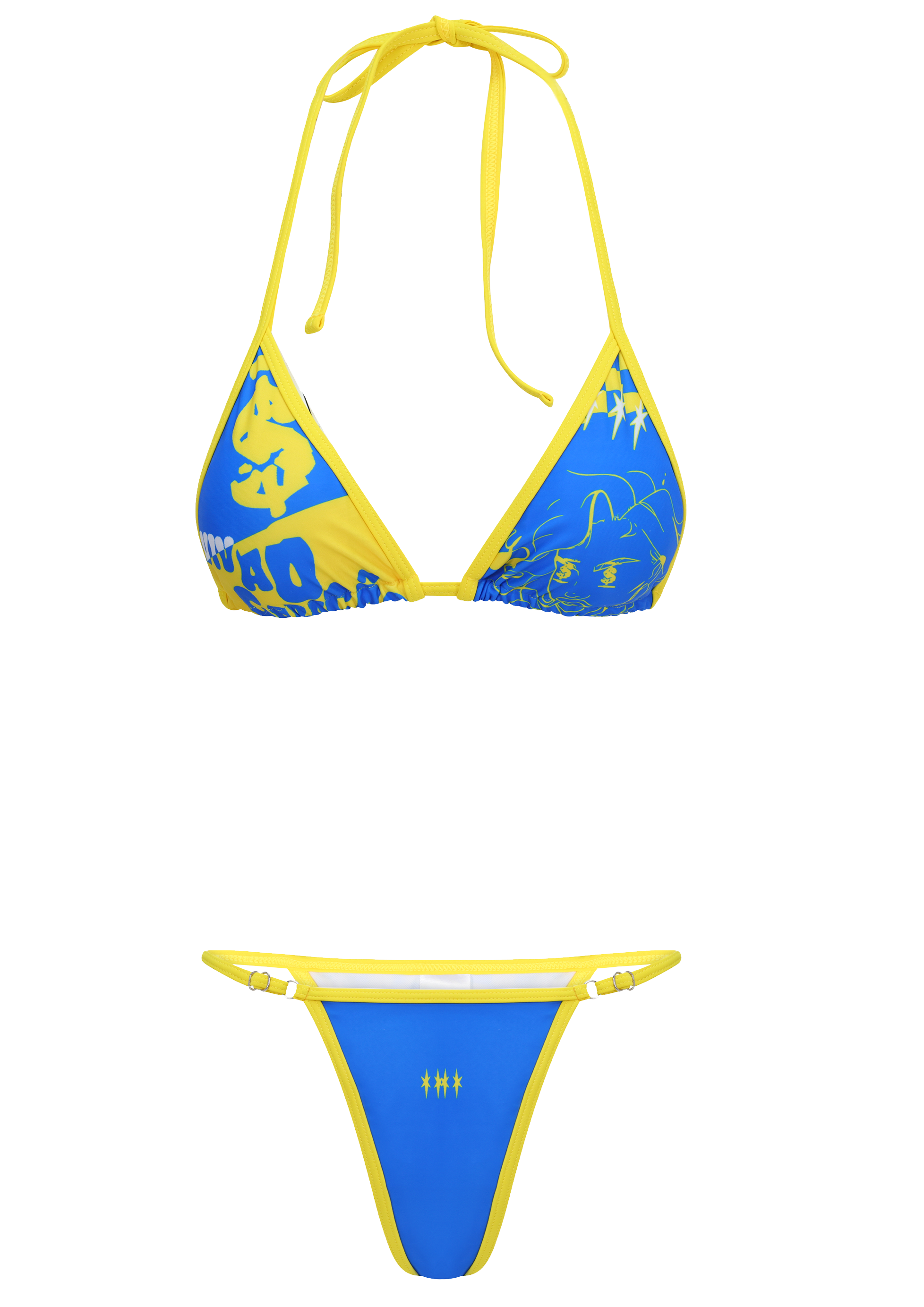 Blue and yellow bikini set on a white background