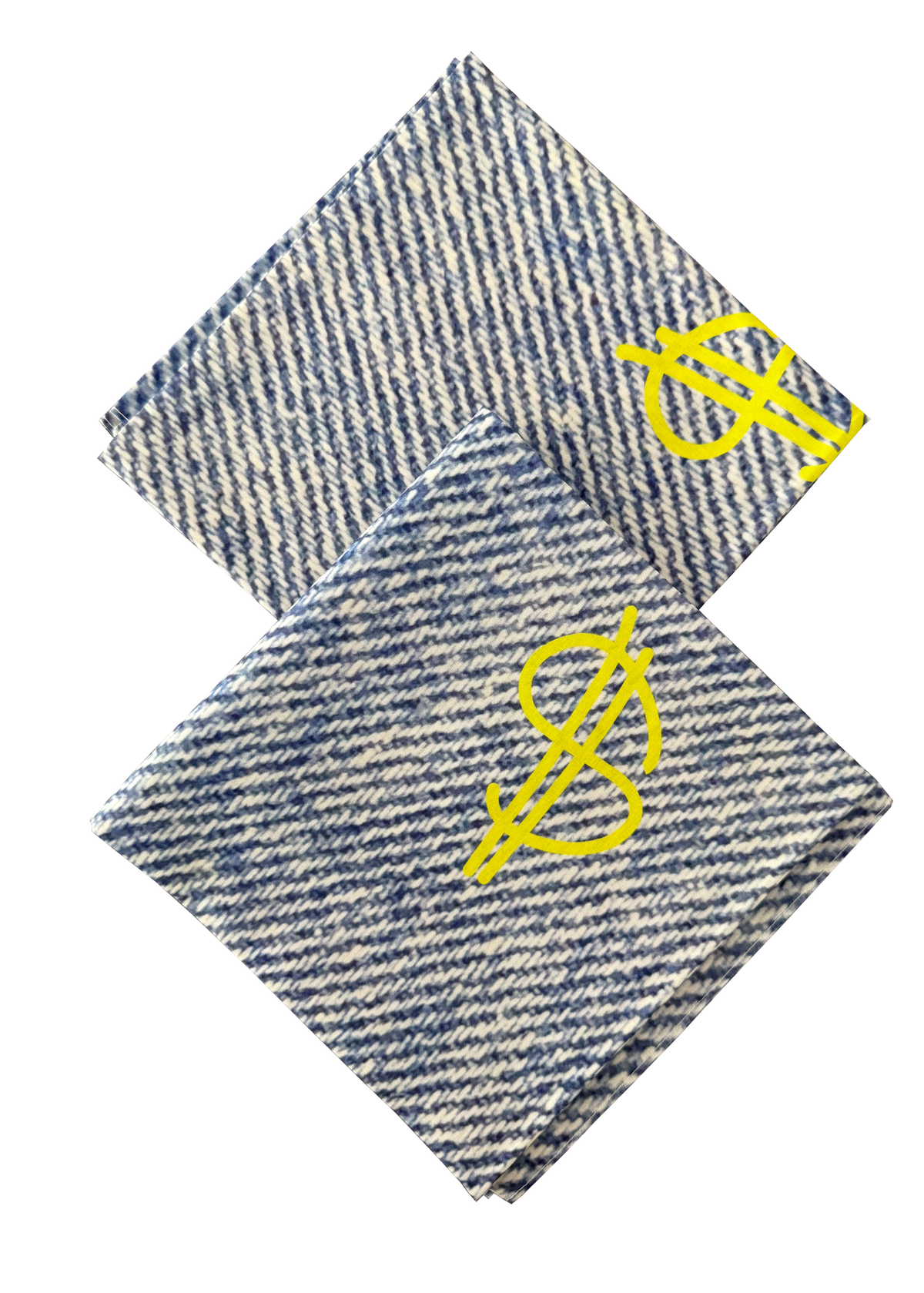 Two blue and white striped wristbands with yellow dollar sign symbols on a white background