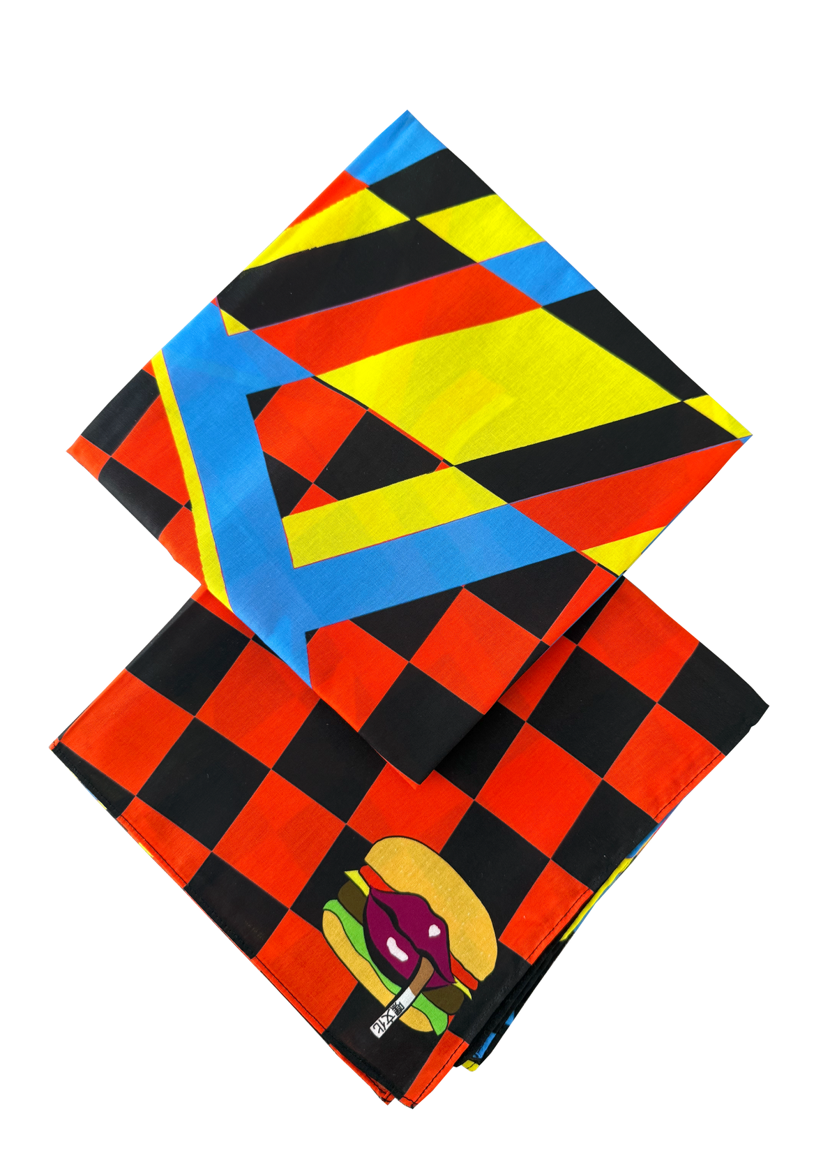 Two colorful bandanas with geometric patterns on a white background