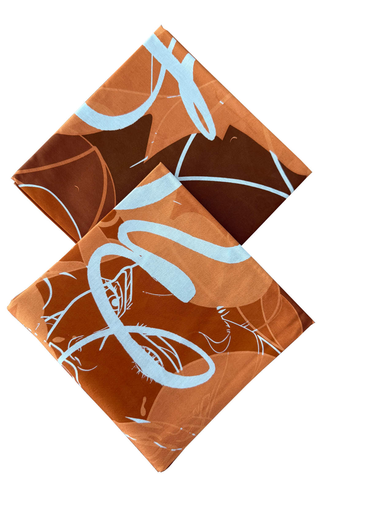 Two brown napkins with blue abstract designs on a white background