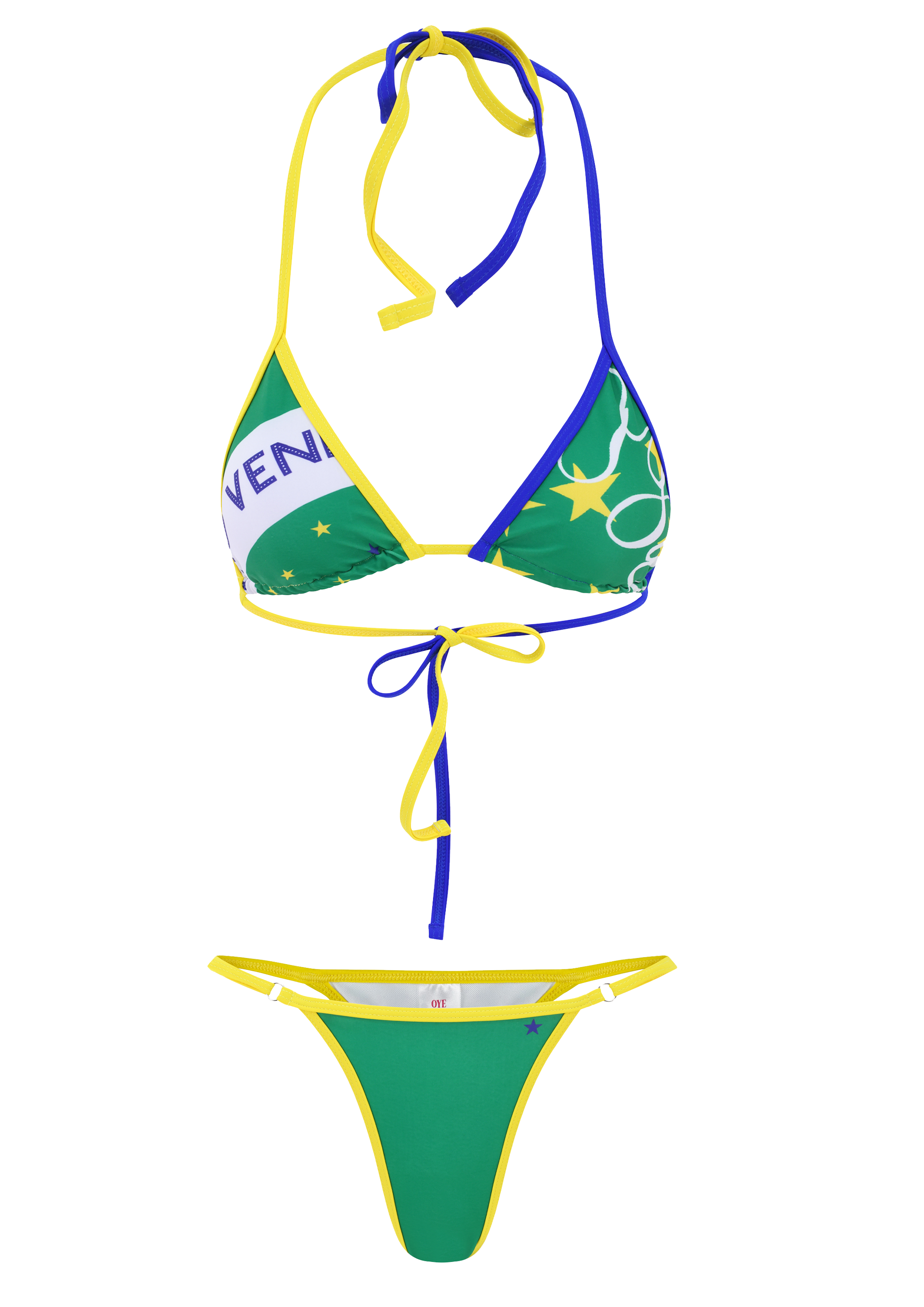 Bikini set with green, yellow, and blue design on a white background