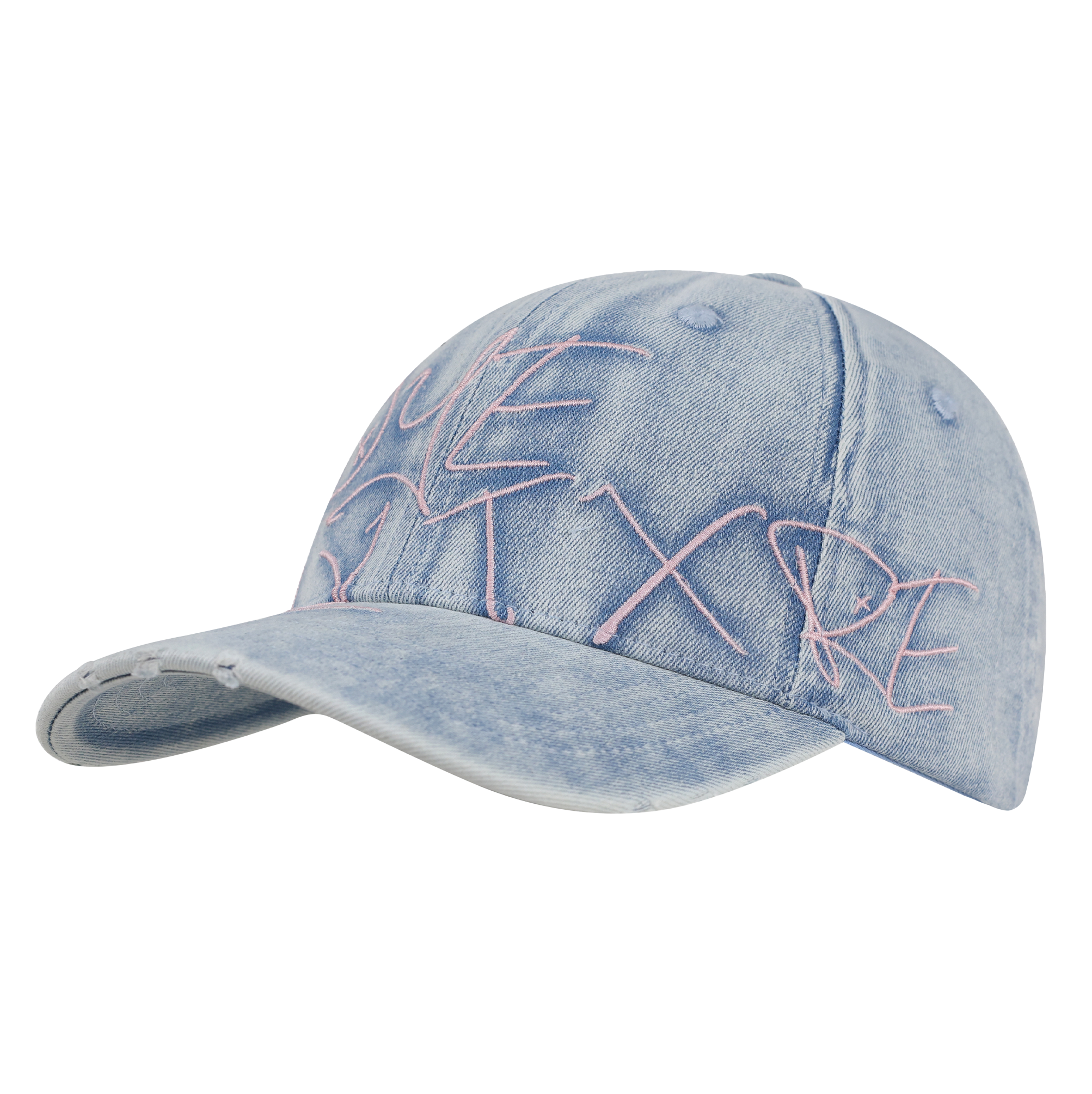 Light blue denim cap with pink embroidered text on a white background