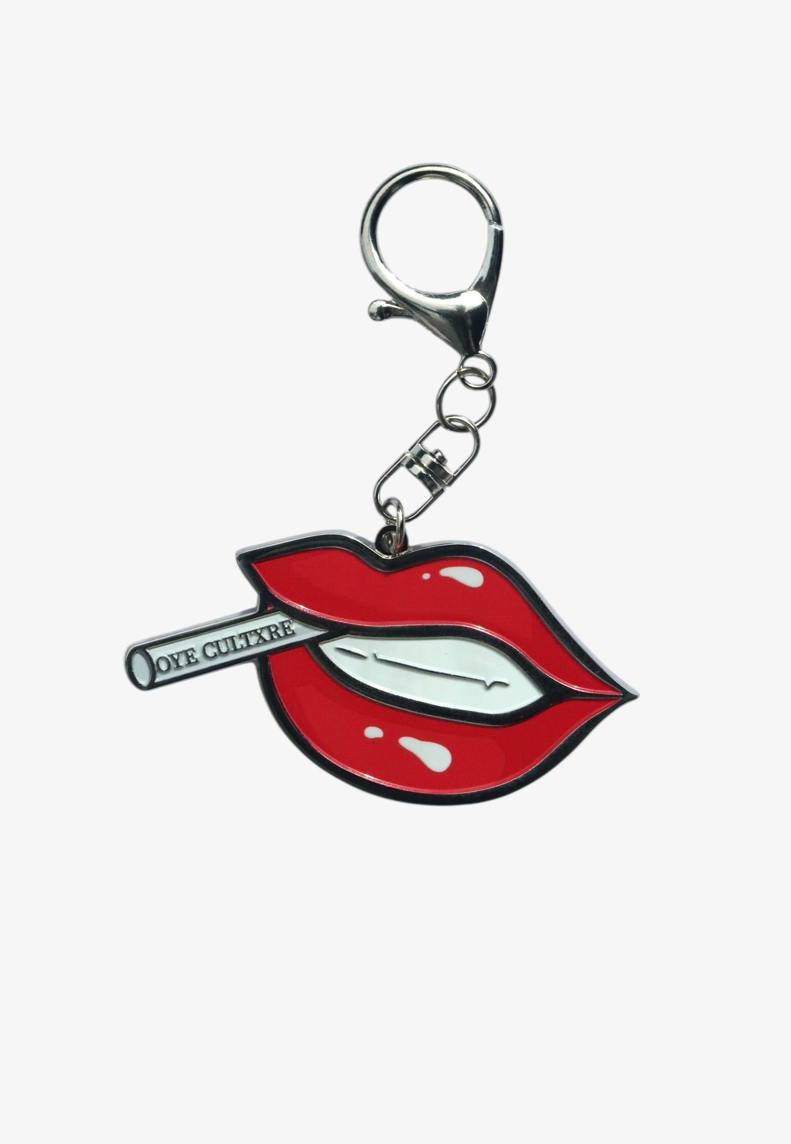 Keychain with red lips and 'Love Cultures' text on a white background