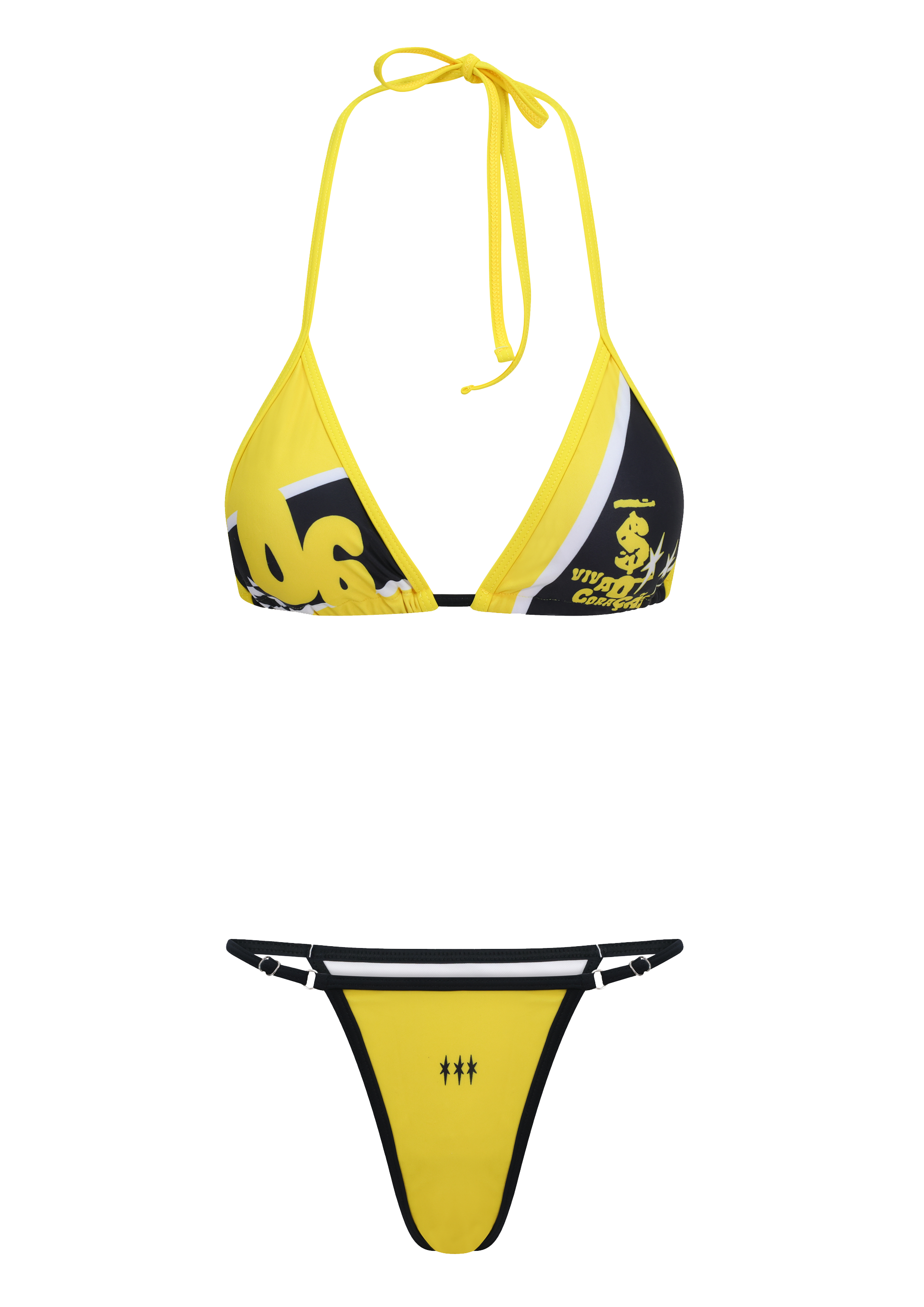 Yellow and black bikini set on a white background