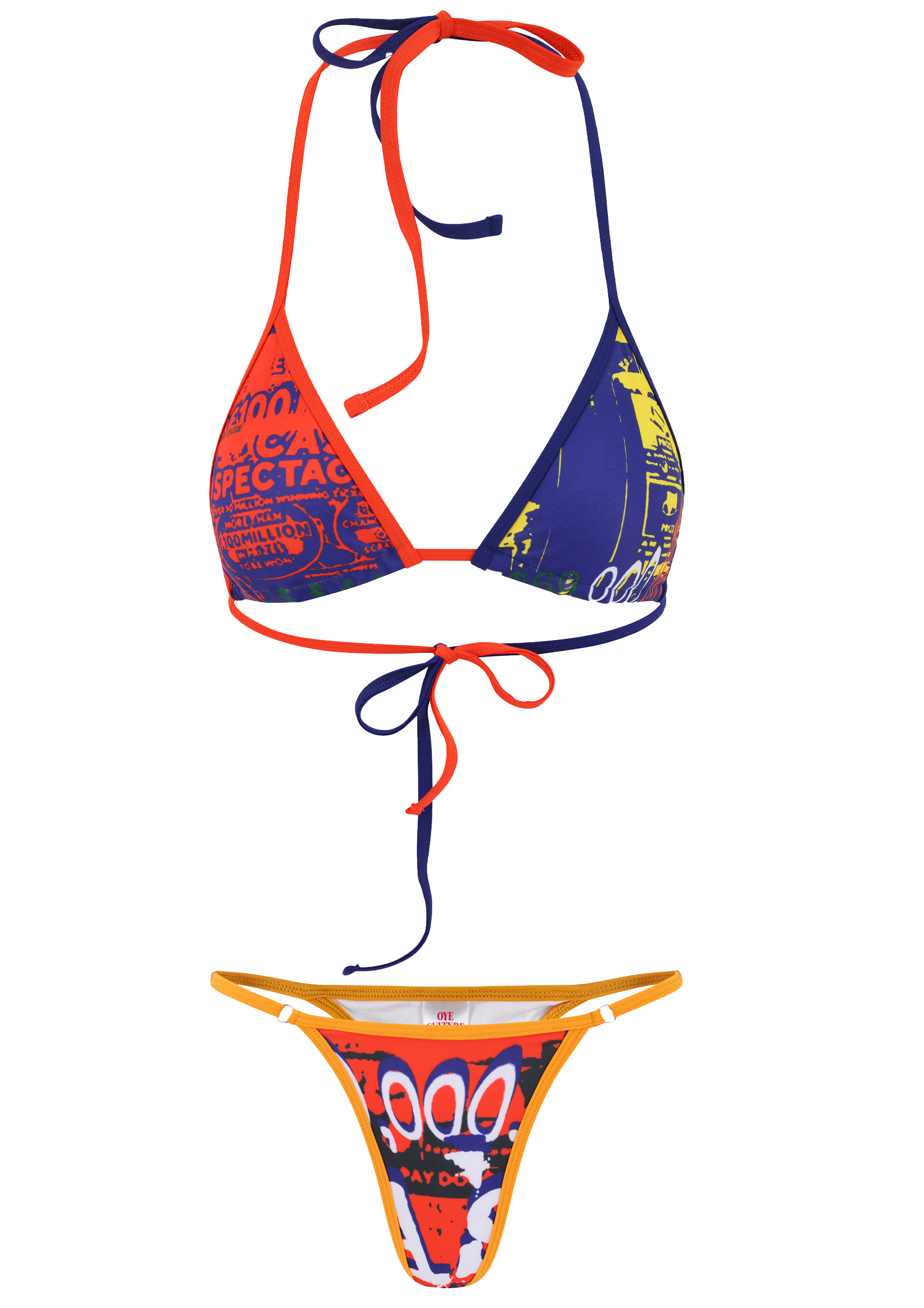 Colorful bikini set with graphic design on a white background