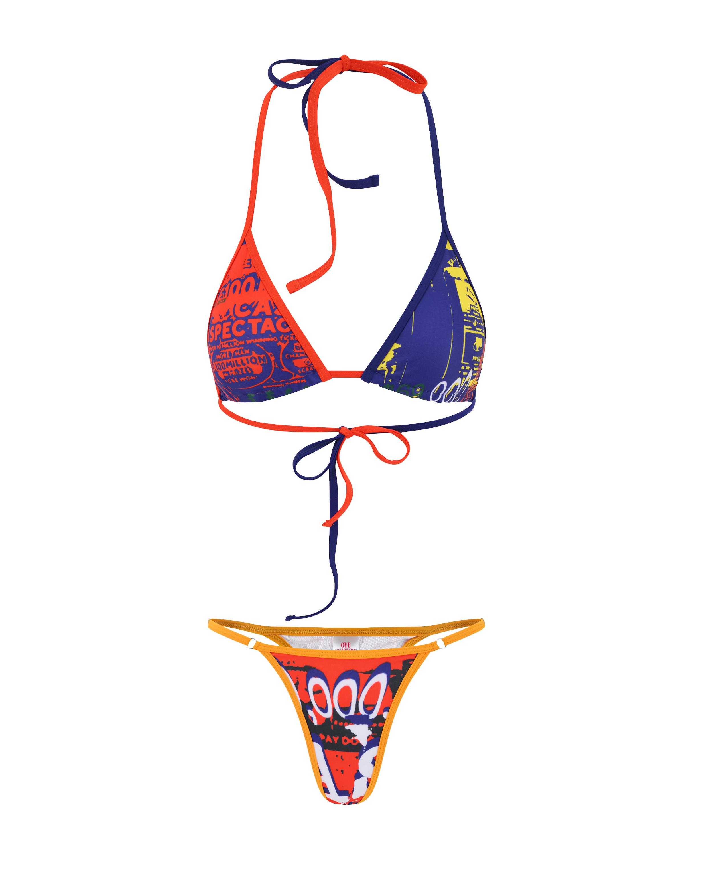 Colorful bikini set with graphic design on a white background