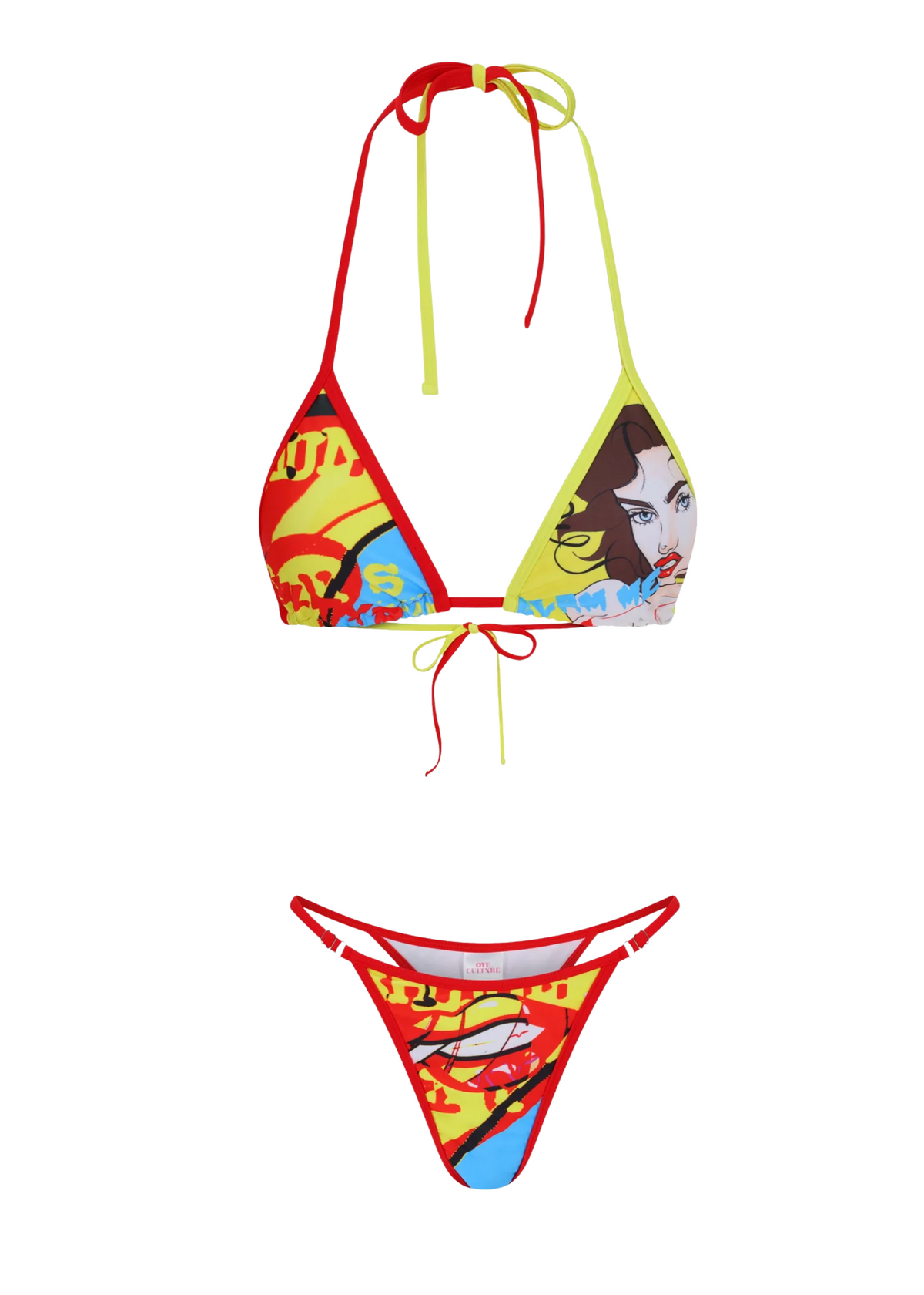 Colorful bikini set with graphic design on a white background